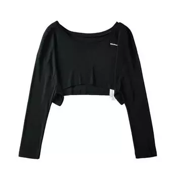 Loose Short Casual off-Shoulder Long Sleeves Women s Overall Asymmetrical Dance Ins Midriff Outfit Crop Top Thin Pullover T-shirt Black All yards