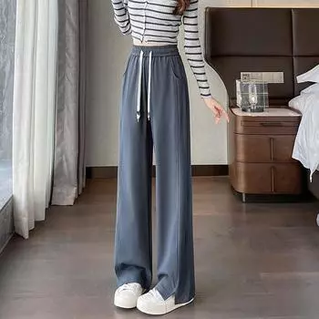 Loose Split Wide-leg Pants, Summer Thin New Style Elastic and Tight Waist High Waist Drape and Slimming Casual Straight-leg Pants S чёрный