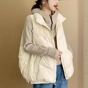 Loose stand-up collar down vest women s short 2024 autumn and winter new fashionable versatile white duck down vest One size чёрный