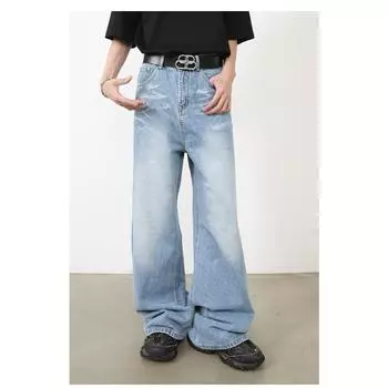 Loose Straight Jeans Men s Personalized Cat Whiskers Design Senior Sense of Pants Straight Loose Jeans for Men Fashionable and Comfortable Pants S светло-синий