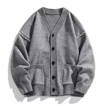 Loose V-neck Long-sleeved Men s Sweater Men s Simple Casual Knitted Wool Jacket M серый