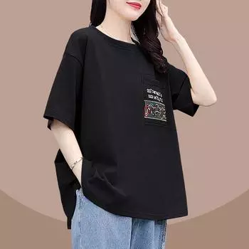 Loose Western Style Flab Hiding Casual Female Summer Thin T-shirt 5047Y Black Tops L (within recommended 55.00kg)