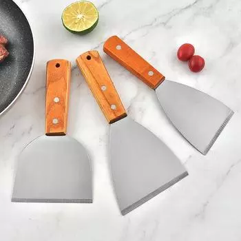 Лопатка для блинов и стейков с деревянной ручкой, ручная для жарки и теппаньяки, идеально подходит для приготовления и подачи блинов и фруктов. small bevel