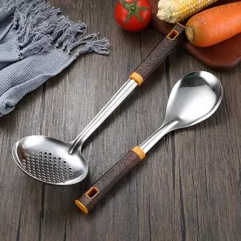 Лопатка для дома из нержавеющей стали, утолщенная ложка для супа, кухонная лопатка для жарки, ручка с рисунком под дерево