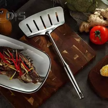 Лопатка для стейка Лопатка для рыбы Нержавеющая машина для переворачивания рыбы Устойчивая к высоким температурам полая ручка Эргономичная ручка Отверстие для подвешивания сервера для стейков Лопатка для приготовления пищи серебряный