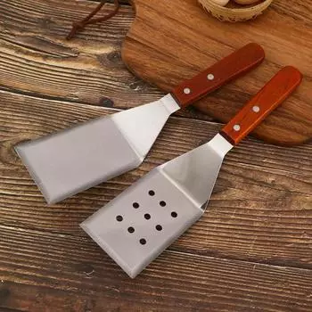 Лопатка для жарки из нержавеющей стали с деревянной ручкой, антипригарное покрытие, лопатка для гамбургеров, стейков, блинов, бургеров, переворачиватель для ресторана B