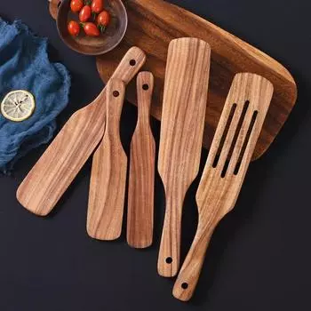 Лопатка из акации деревянная для приготовления пищи с прорезями Spurtle кухонные принадлежности наборы с антипригарным покрытием длинный черенок лопатка для смешивания столовая посуда