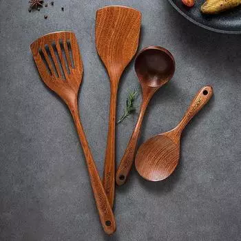 Лопатка из цельного дерева, эбеновое дерево, бытовая, жаропрочная, для жарки, деревянная лопатка для супа, набор ложек без краски и воска