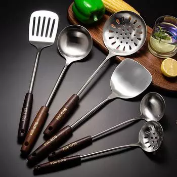 Лопатка из нержавеющей стали, наборы кухонных принадлежностей, противоожоговая деревянная ручка, суповая ложка, дуршлаг, лопатка для жарки, кухонные принадлежности для приготовления пищи