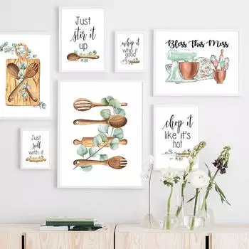 Лопатка, кухонные принадлежности, венчик, разделочная доска, ложка, мешалка, настенная живопись на холсте, постеры на скандинавскую тему и принты, домашний декор для кухни A4 21x30cm No Frame