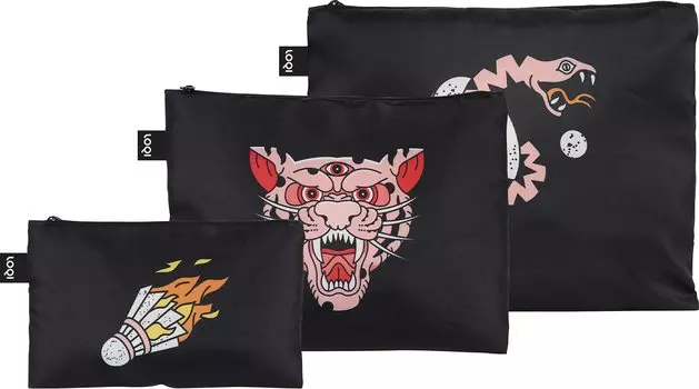 LOQI Zip Pocket SNASK Tiger Snake Beer Black Recycled ZP.SN.TR - набор из 3 карманов на молнии из переработанной ткани, черный цвет чёрный