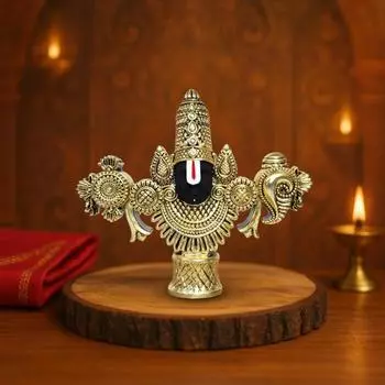 Lord Venkateswara Balaji Face Idol | Decorative Tirupati Balaji Statue for Home Mandir & Pooja Room | 4.5 x 5.3 inch | Antique Gold Matte Finish Murti