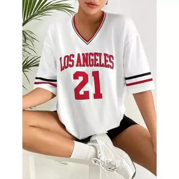 Los Angeles Number Summer Oversize Beach Surf Tee Harajuku Trend Short Sleeve Streetwear Tops S
