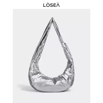 Losea Foot Large Capacity Dumpling Bag Women 2025 New High Sense Silver Croissant All-Match Messenger Bag Metallic silver