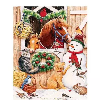 Лошадь, собака, кошка с зимним снеговиком, полная алмазная картина, 5D вышивка крестиком 20X30CM