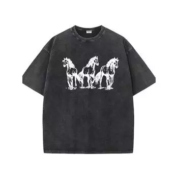 Лошади Трио Стоящие Силуэты Черные, Мужская Винтажная Футболка с Коротким Рукавом и Круглым Вырезом Удобный Топ из Чистого Хлопка Универсальная Футболка S