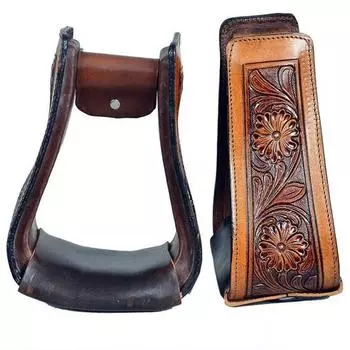 Лошадиные Вестерн Стремена Седло Снаряжение Цветочный Ручной Работы Тисненая Кожа Покрытая Пара.