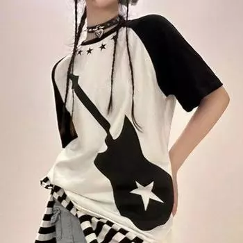 Лоскутная футболка с принтом Harajuku, женская гранж-футболка, корейская мода, свободные топы в стиле гранж с круглым вырезом, с коротким рукавом, гранж, эстетическая футболка Y2k XL белый