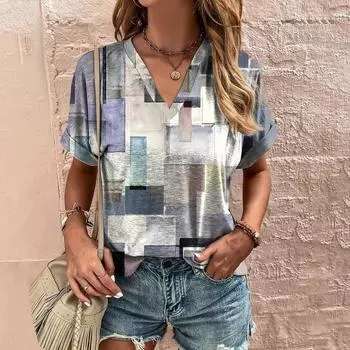 Лоскутная клетчатая женская футболка с геометрическим принтом, v-образным вырезом, короткими рукавами, летние роскошные топы, женские рубашки и блузки большого размера 3XL