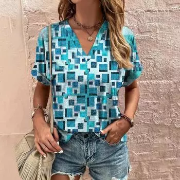 Лоскутная клетчатая женская футболка с геометрическим принтом, v-образным вырезом, короткими рукавами, летние роскошные топы, женские рубашки и блузки большого размера 3XL