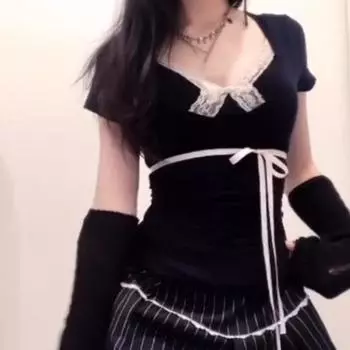 Лоскутная лента со шнуровкой и бантом Футболка Y2K Кружевной бант Топ Милая леди M чёрный