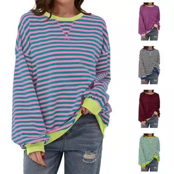 Лоскутная полосатая толстовка большого размера, свободная полосатая нижняя часть рубашки, пуловеры для женщин Y2K, женская S розовый