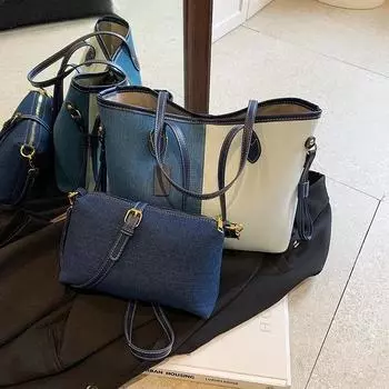 Лоскутная сумка-тоут для женщин, большая вместимость, сумка-шоппер 2 в 1, джинсовая ткань, контрастный цвет, женская сумка 41x26x12cm чёрный