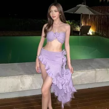 Лоскутная юбка с рюшами и цветком розы, женские летние сексуальные облегающие блестящие укороченные топы на шнуровке, женские пляжные вечерние юбки с высоким боковым разрезом, костюмы из 2 предметов S фиолетовый