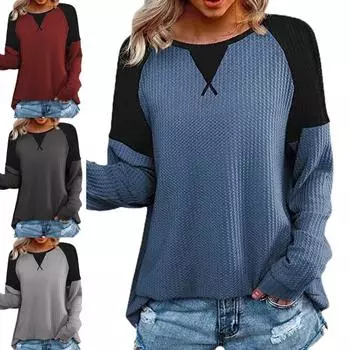 Лоскутная женская футболка с длинным рукавом, повседневный пуловер с круглым вырезом и ребристым топом 2XL синий