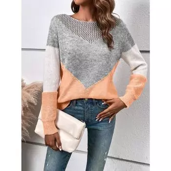 Лоскутное цветное столкновение ажурный круглый вырез пуловер длинный рукав вязаный свитер S разноцветный