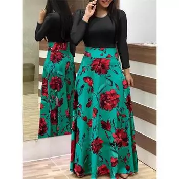 Лоскутное длинное платье с цветочным принтом, женское богемное осеннее платье макси с длинным рукавом большого размера S