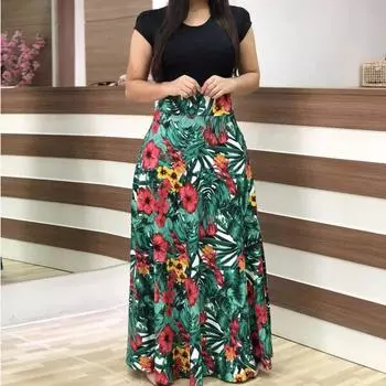Лоскутное длинное платье с цветочным принтом, женские богемные летние макси-платья большого размера с короткими рукавами S
