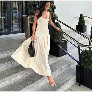 Лоскутное длинное женское платье с квадратным воротником без рукавов А-силуэта облегающее летнее женское вечернее платье S