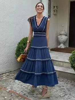 Лоскутное многослойное платье-макси с V-образным вырезом и рукавами без рукавов для женщин, летнее пляжное женское платье-трапеция для праздников и вечеринок S