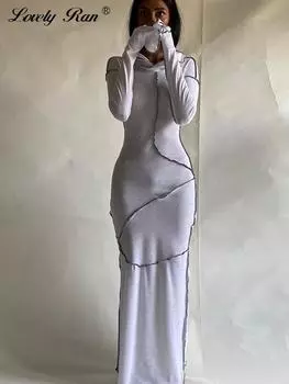 Лоскутное облегающее платье с капюшоном, женское однотонное тонкое длинное платье с длинными рукавами, женская повседневная уличная одежда S хаки