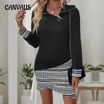 Лоскутное платье Осеннее повседневное платье-миди с застежкой-молнией Нестандартные платья-толстовки S чёрный