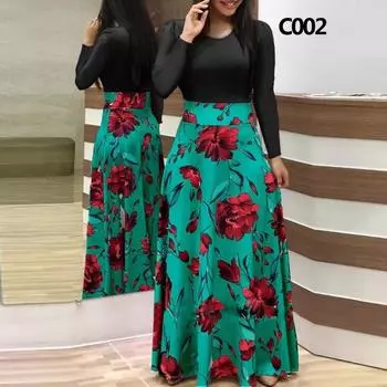 Лоскутное платье с цветочным принтом и длинными рукавами, богемное вечернее платье макси с цветочным принтом, женское весенне-осеннее длинное пляжное платье трапециевидной формы с круглым воротником S