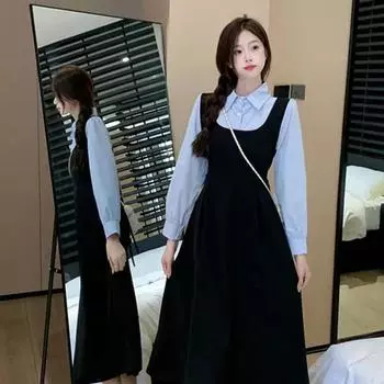 Лоскутное платье с квадратным вырезом и длинным рукавом, имитация двух частей, элегантная модная женская одежда в стиле Харадзюку, повседневная универсальная юбка S синий