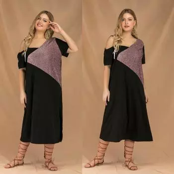 Лоскутное платье с вырезом на плечах для женщин, с v-образным вырезом и коротким рукавом, свободное летнее длинное платье, повседневное платье макси для пляжного отдыха, дышащее удобное платье XL розовый