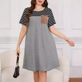 Лоскутное платье в полоску с принтом для женщин, с круглым вырезом, коротким рукавом, свободной талией, короткое платье с карманом, летнее повседневное базовое платье для работы, отдыха, мягкое платье плюс L серый