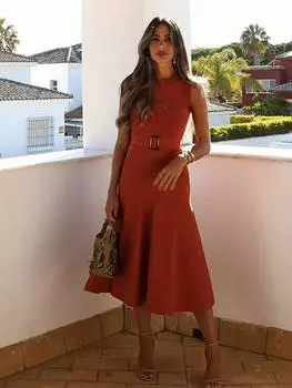 Лоскутное женское платье с поясом, однотонное, с круглым вырезом, без рукавов, облегающее, с высокой талией, офисное женское платье А-силуэта, уличное M оранжевый