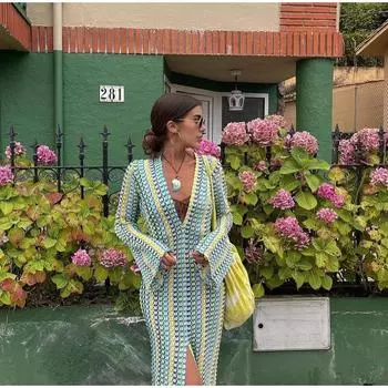 Лоскутное Женское Трикотажное Платье с Глубоким V-образным Вырезом, Расклешенными Рукавами, Связанное крючком Длинное Платье С Разрезом, Женское Осеннее Праздничное Платье S жёлтый