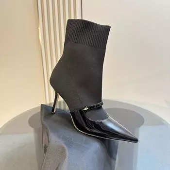 Лоскутные эластичные носки-сапоги, сексуальные, с острым носком, на шпильке, на тонком высоком каблуке, модные женские туфли 2025 года, осень-зима 35 бежевый