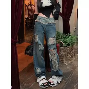 Лоскутные бахромой с рваными отверстиями и цветными блоками, контрастные женские джинсы, свободные прямые джинсовые брюки y2k, уличная мода, повседневная одежда S