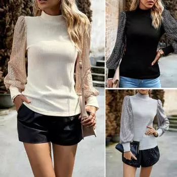 Лоскутные блузки с пышными рукавами и блестками, сплошной цвет, приталенные повседневные футболки M серый