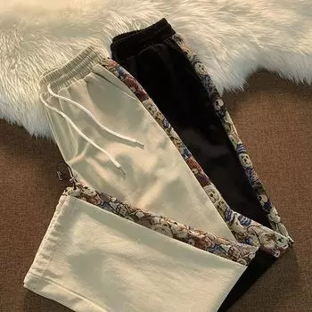 Лоскутные брюки с принтом медведя, женские осенние корейские повседневные свободные брюки Kawaii с широкими штанинами и завязками, классические базовые шикарные брюки S чёрный