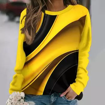 Лоскутные цветные полоски женские футболки осень/зима длинные рукава имитация хлопка футболка мода круглый вырез одежда 2024 S