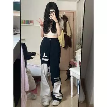 Лоскутные контрастные женские джинсы с цветными блоками, свободные прямые джинсовые брюки y2k, уличная модная повседневная одежда S чёрный