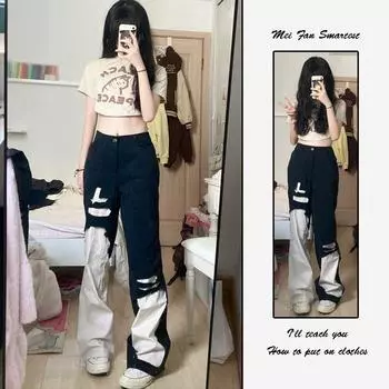 Лоскутные контрастные женские джинсы с цветными блоками, свободные прямые джинсовые брюки y2k, уличная модная повседневная одежда S чёрный