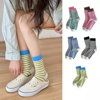 Лоскутные милые носки средней длины в полоску, женские полосатые хлопковые носки конфетного цвета, модные летние